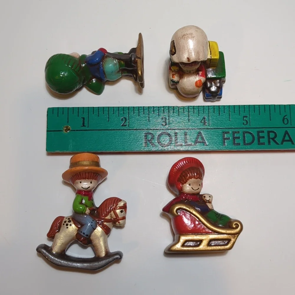 4 pc ceramic figures Karol Miller skier sleigh rocking horse boy girl winter